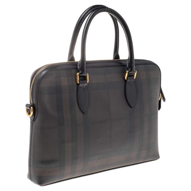 Pre Owned Burberry Dark Brown/Grey Smoke Check PVC and Leather Laptop Bag