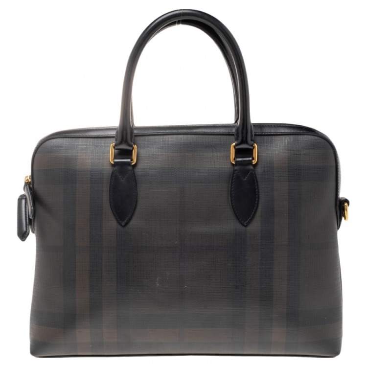 Pre Owned Burberry Dark Brown/Grey Smoke Check PVC and Leather Laptop Bag