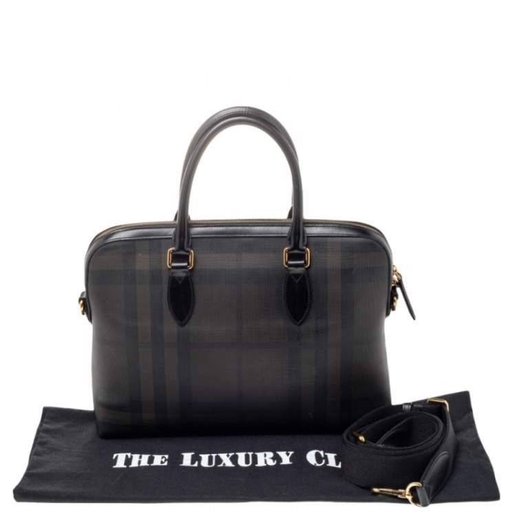 Pre Owned Burberry Dark Brown/Grey Smoke Check PVC and Leather Laptop Bag