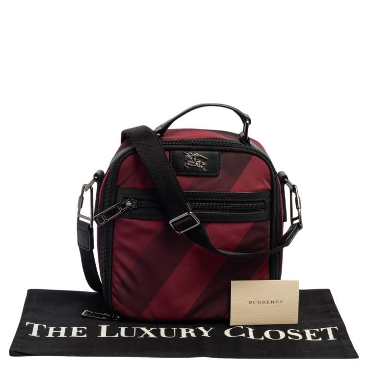Pre Owned Burberry Red/Black Check Nylon and Leather Zip Around Messenger Bag