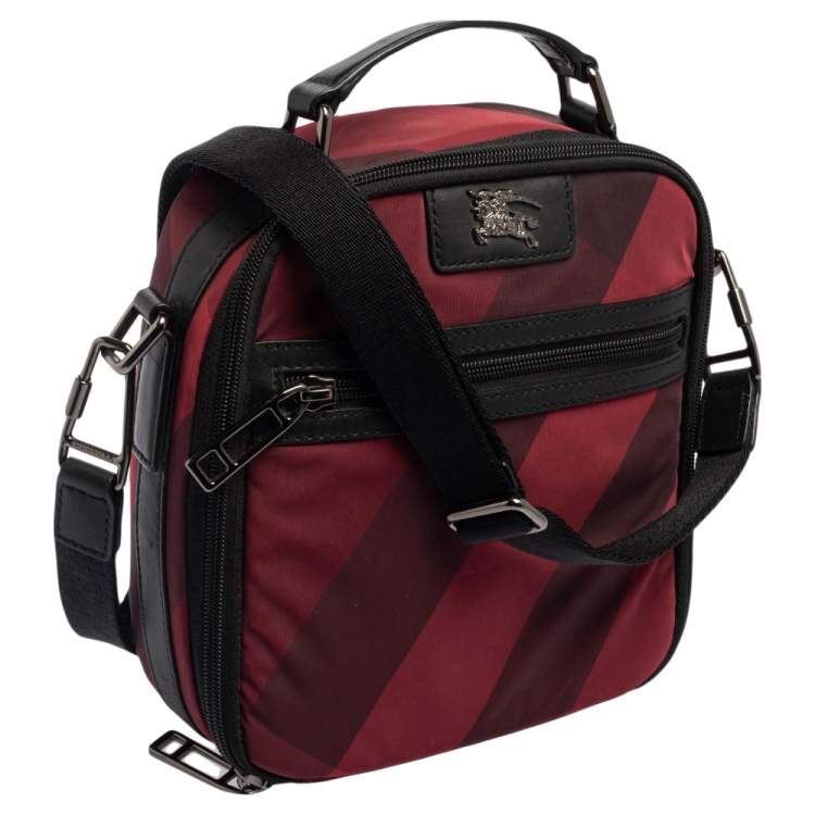 Pre Owned Burberry Red/Black Check Nylon and Leather Zip Around Messenger Bag