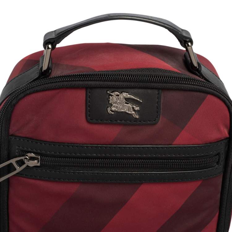 Pre Owned Burberry Red/Black Check Nylon and Leather Zip Around Messenger Bag