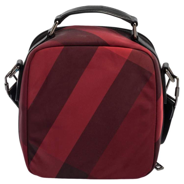 Pre Owned Burberry Red/Black Check Nylon and Leather Zip Around Messenger Bag