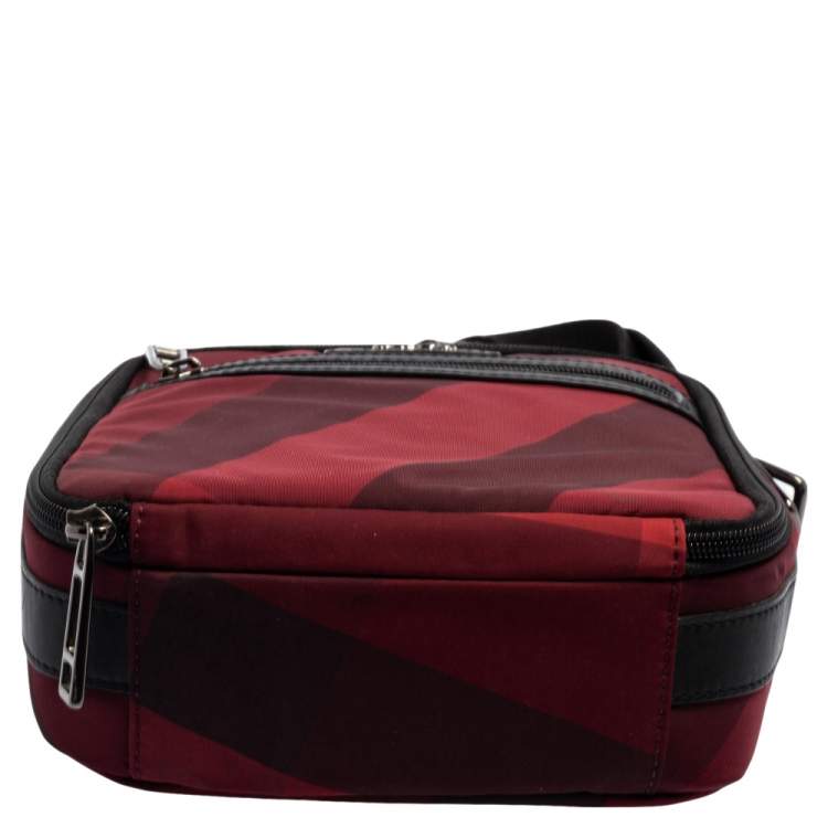 Pre Owned Burberry Red/Black Check Nylon and Leather Zip Around Messenger Bag