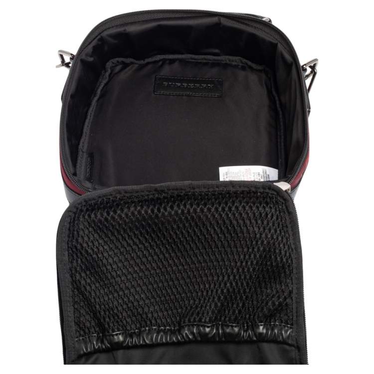 Pre Owned Burberry Red/Black Check Nylon and Leather Zip Around Messenger Bag