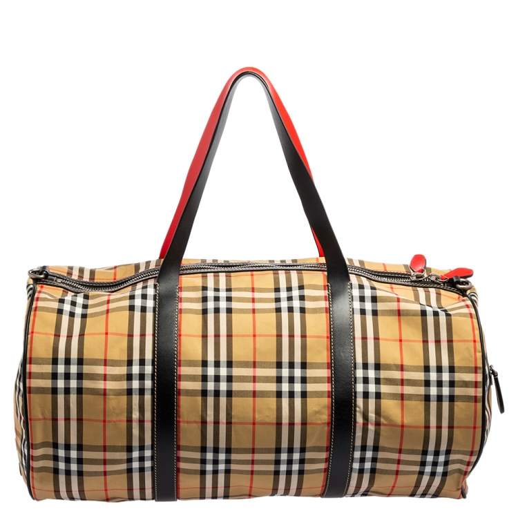 Pre Owned Burberry Multicolor Vintage Check Nylon And Leather Large Kennedy Barrel Bag