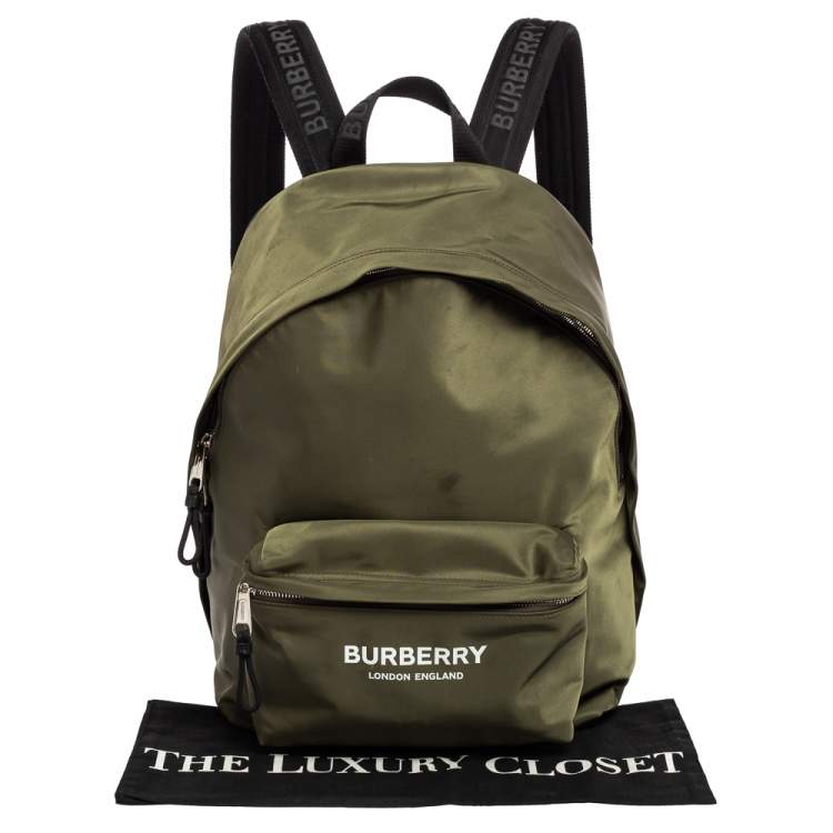 Pre Owned Burberry Green/Black Nylon And Leather Econyl Logo Print Backpack