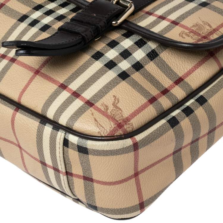 Pre Owned Burberry Beige/Brown Haymarket Coated Canvas and Leather Newton Messenger Bag