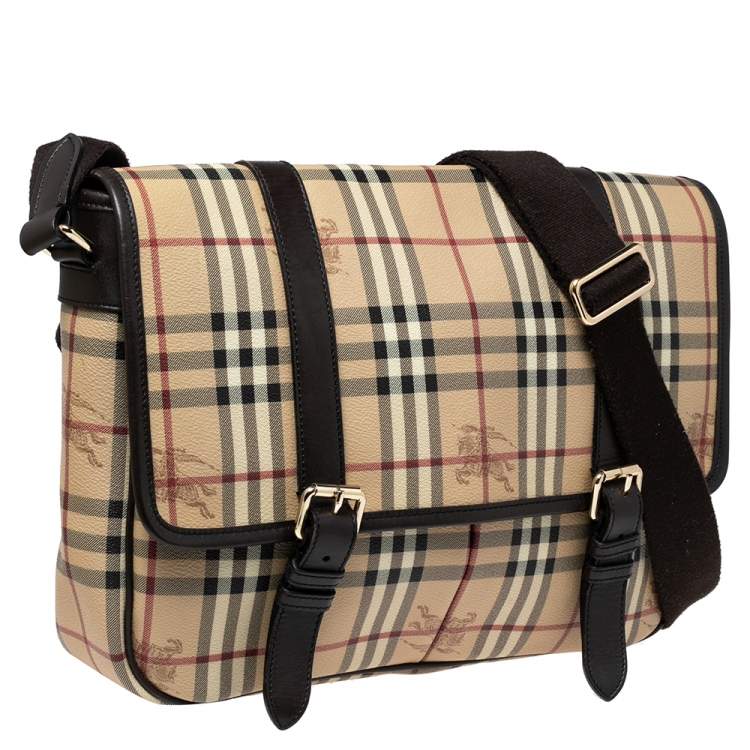 Pre Owned Burberry Beige/Brown Haymarket Coated Canvas and Leather Newton Messenger Bag