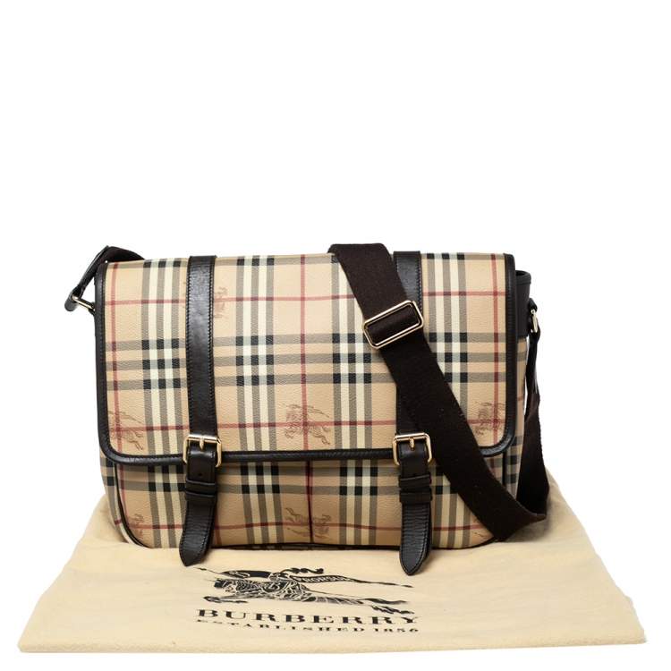Pre Owned Burberry Beige/Brown Haymarket Coated Canvas and Leather Newton Messenger Bag