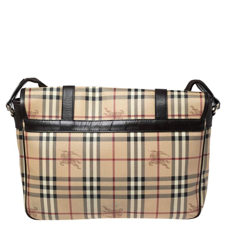 Pre Owned Burberry Beige/Brown Haymarket Coated Canvas and Leather Newton Messenger Bag