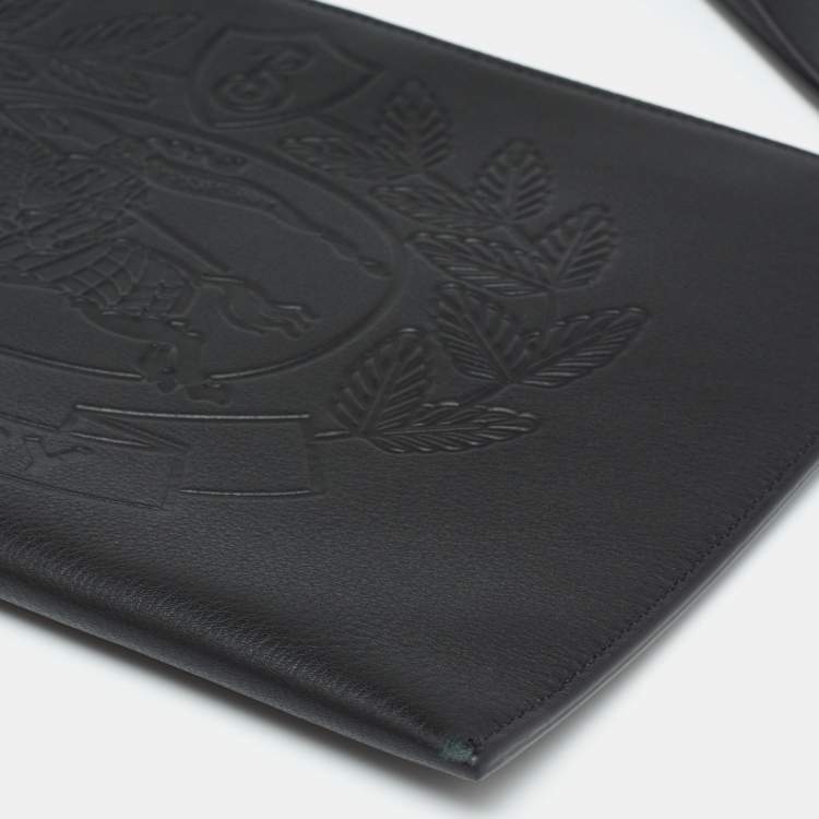 Pre Owned Burberry Black Leather Embossed Crest Wristlet Clutch