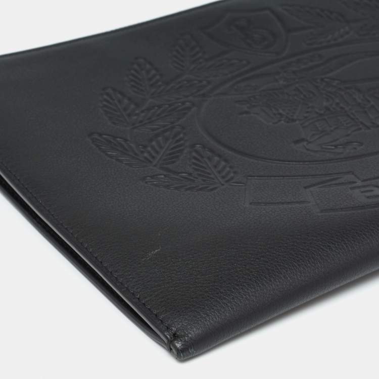 Pre Owned Burberry Black Leather Embossed Crest Wristlet Clutch