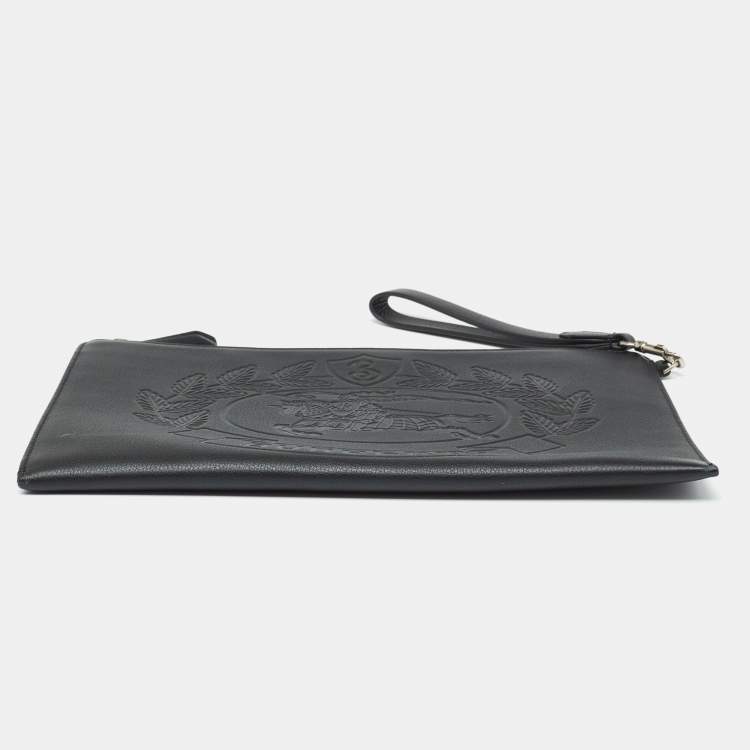 Pre Owned Burberry Black Leather Embossed Crest Wristlet Clutch