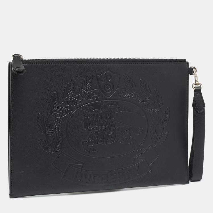 Pre Owned Burberry Black Leather Embossed Crest Wristlet Clutch