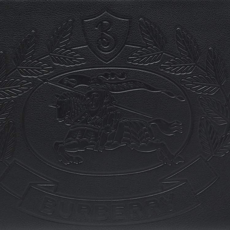 Pre Owned Burberry Black Leather Embossed Crest Wristlet Clutch