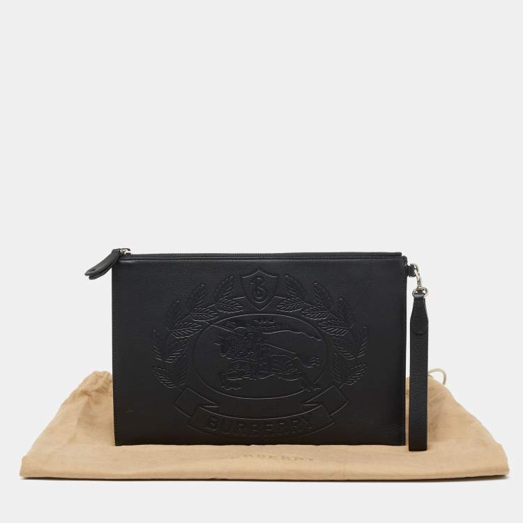 Pre Owned Burberry Black Leather Embossed Crest Wristlet Clutch