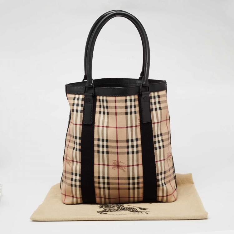 Pre Owned Burberry Beige/Black Haymarket Check Coated Canvas Vertical Tote