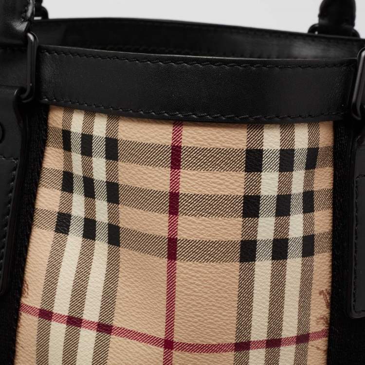 Pre Owned Burberry Beige/Black Haymarket Check Coated Canvas Vertical Tote
