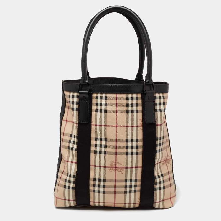 Pre Owned Burberry Beige/Black Haymarket Check Coated Canvas Vertical Tote