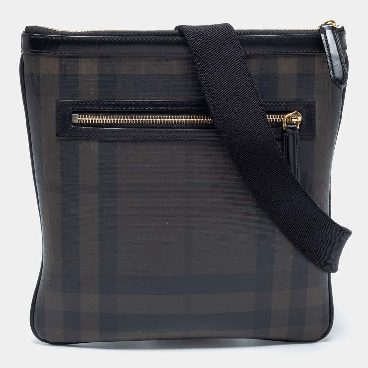 Pre Owned Burberry Black/Dark Brown Smoke Checked PVC And Leather Messenger Bag