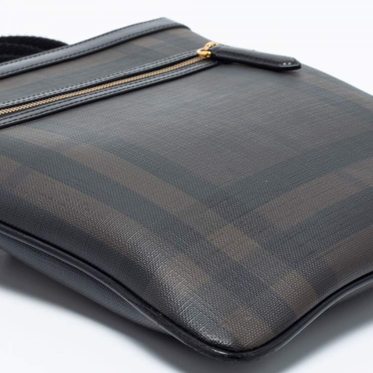 Pre Owned Burberry Black/Dark Brown Smoke Checked PVC And Leather Messenger Bag