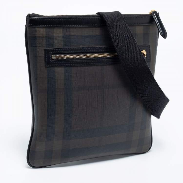 Pre Owned Burberry Black/Dark Brown Smoke Checked PVC And Leather Messenger Bag