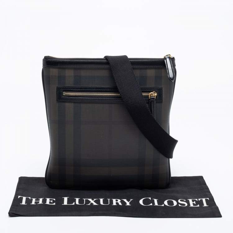 Pre Owned Burberry Black/Dark Brown Smoke Checked PVC And Leather Messenger Bag