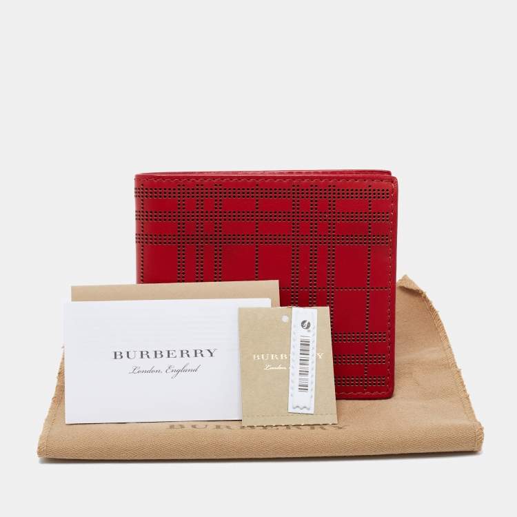 Pre Owned Burberry Red Perforated Leather Bill Bifold Wallet