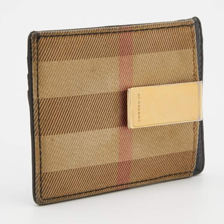 Pre Owned Burberry Black/Beige Leather And Vintage Canvas Check Money Clip Wallet