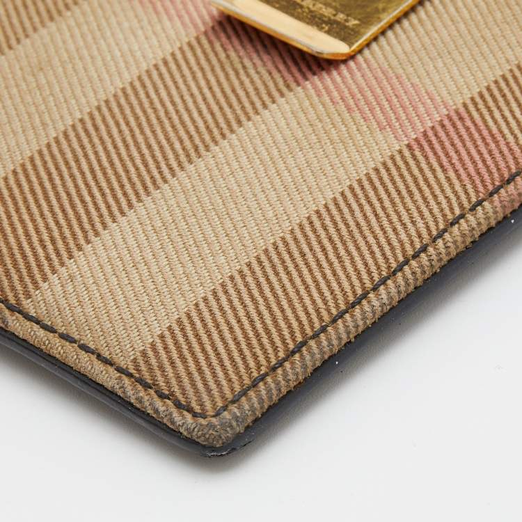Pre Owned Burberry Black/Beige Leather And Vintage Canvas Check Money Clip Wallet