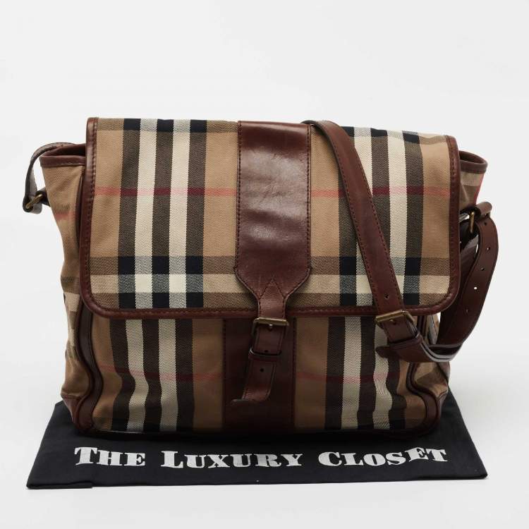 Pre Owned Burberry Beige/Brown Housecheck Canvas and Leather Messenger Bag