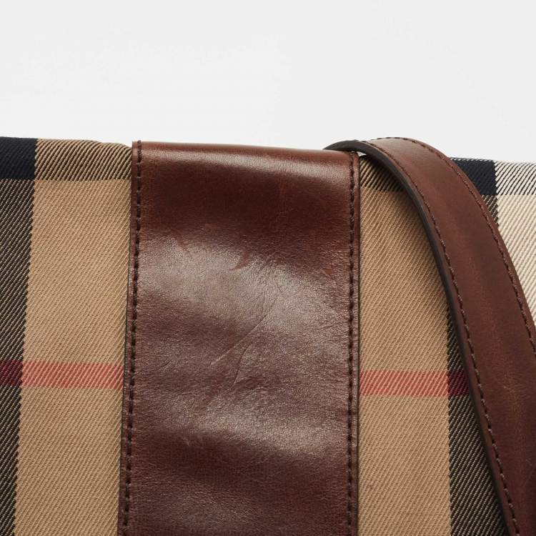 Pre Owned Burberry Beige/Brown Housecheck Canvas and Leather Messenger Bag