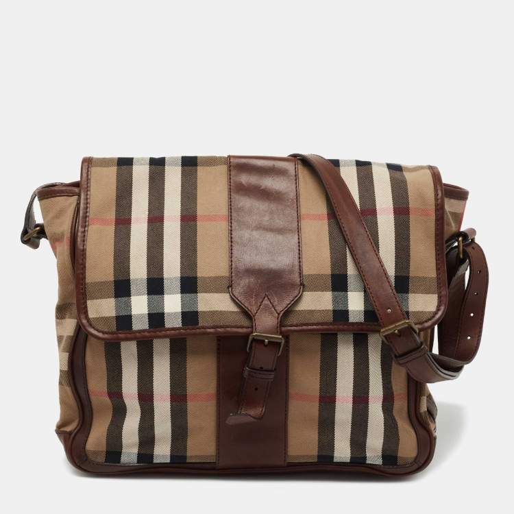 Pre Owned Burberry Beige/Brown Housecheck Canvas and Leather Messenger Bag