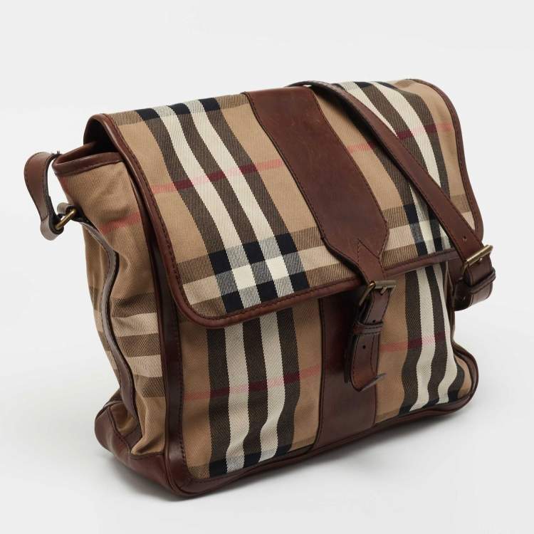 Pre Owned Burberry Beige/Brown Housecheck Canvas and Leather Messenger Bag