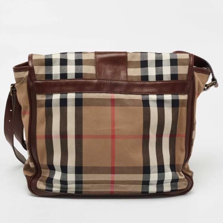 Pre Owned Burberry Beige/Brown Housecheck Canvas and Leather Messenger Bag