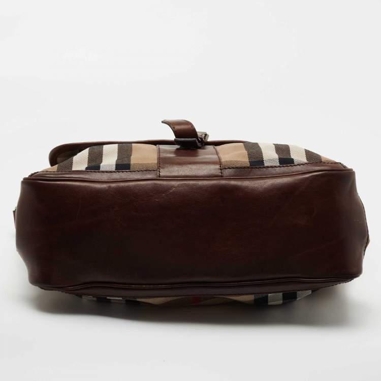 Pre Owned Burberry Beige/Brown Housecheck Canvas and Leather Messenger Bag