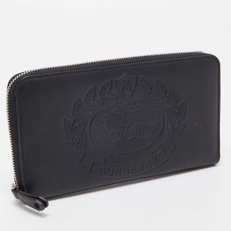 Pre Owned Burberry Black Leather Embossed Crest Zip Around Wallet