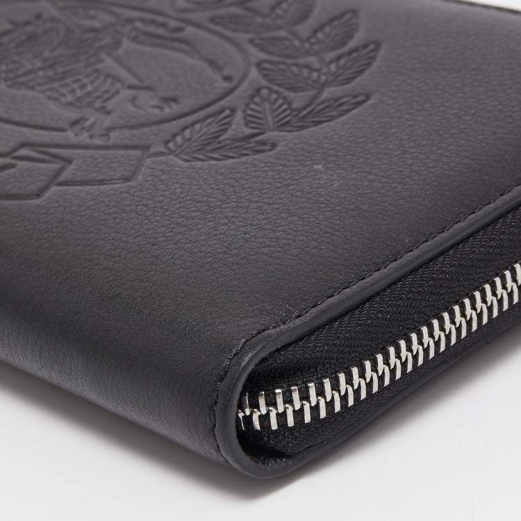 Pre Owned Burberry Black Leather Embossed Crest Zip Around Wallet