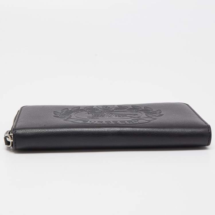 Pre Owned Burberry Black Leather Embossed Crest Zip Around Wallet
