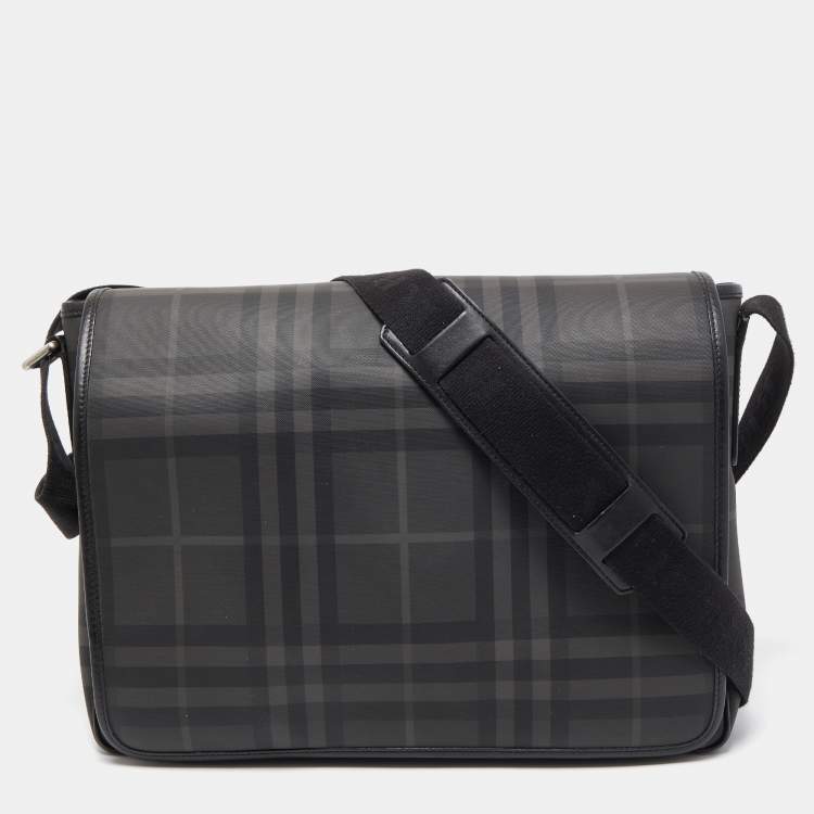 Burberry Black/Grey Check PVC and Leather Large Burleigh Messenger Bag ...