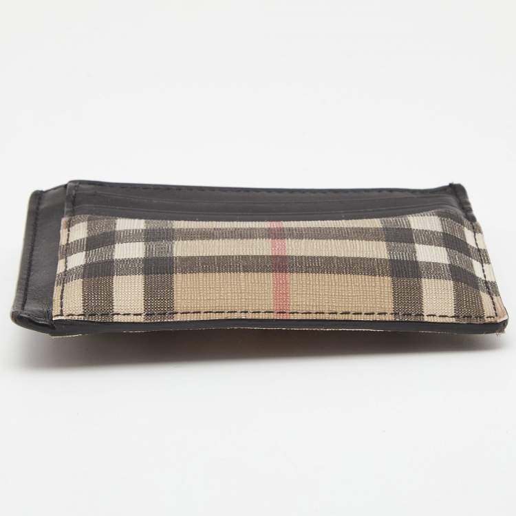 Pre Owned Burberry Black/Beige House Check Coated Canvas and Leather Money Clip Card Holder