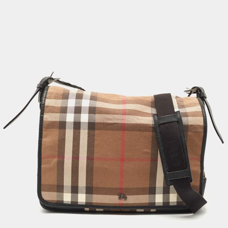 Pre Owned Burberry Black/Beige Haymarket Fabric and Leather Messenger Bag