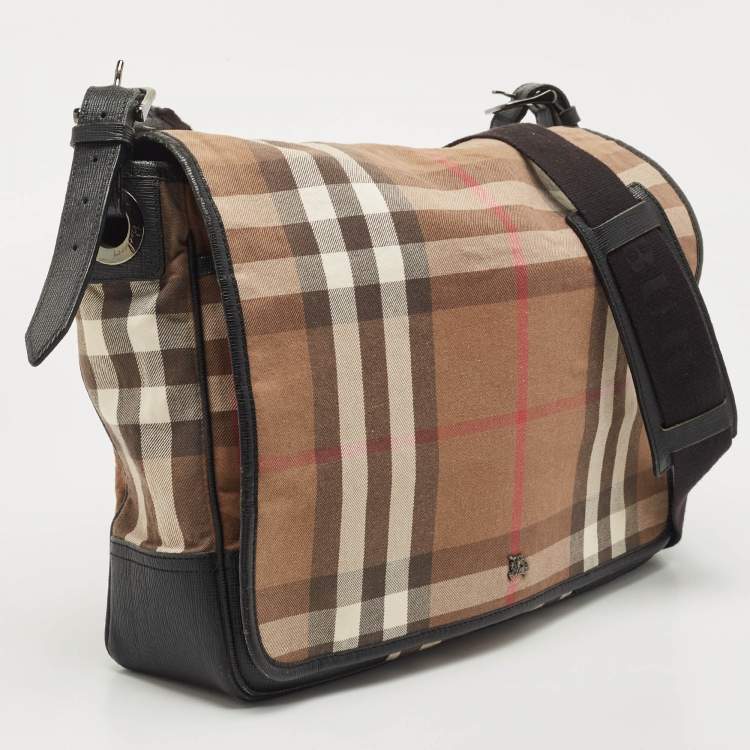 Pre Owned Burberry Black/Beige Haymarket Fabric and Leather Messenger Bag
