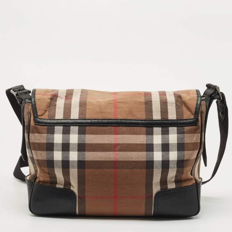 Pre Owned Burberry Black/Beige Haymarket Fabric and Leather Messenger Bag