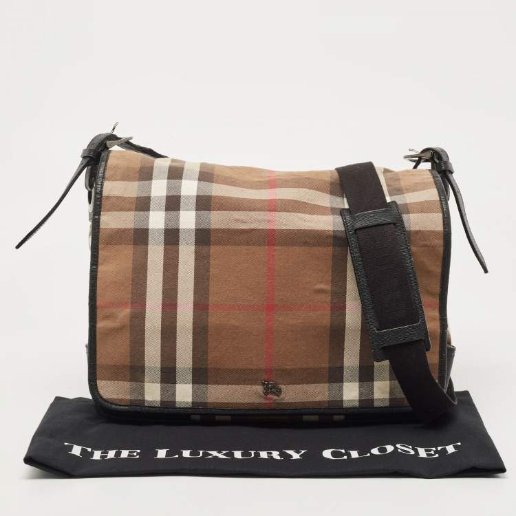 Pre Owned Burberry Black/Beige Haymarket Fabric and Leather Messenger Bag