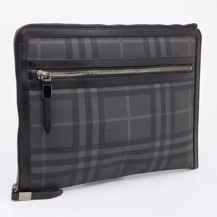 Pre Owned Burberry Grey/Black  London Check Coated Canvas and Leather Documents Portfolio Case