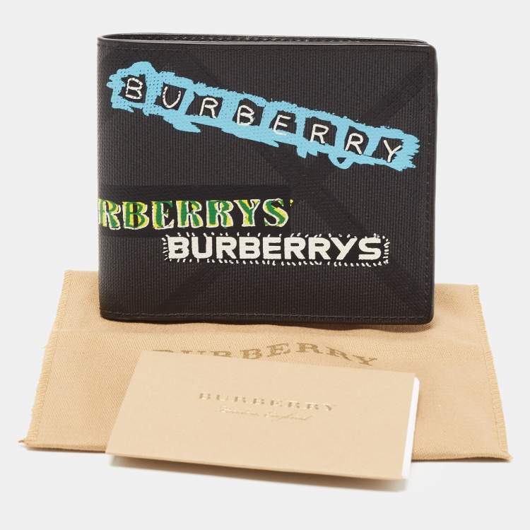 Pre Owned Burberry Charcoal Check Grafitti Print Coated Canvas Bifold Wallet