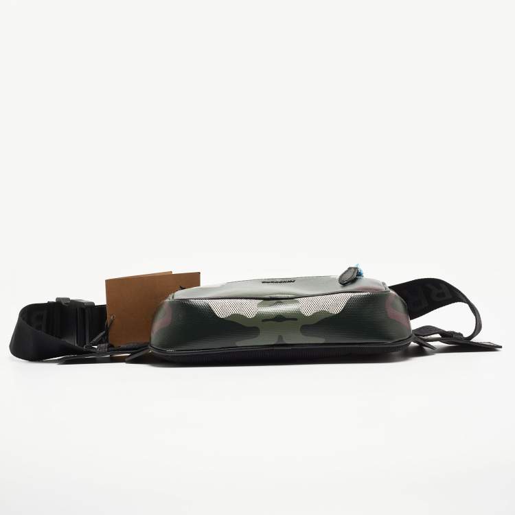 Pre Owned Burberry Green Camo Print Coated Canvas and Leather West Belt Bag