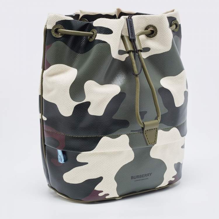 Pre Owned Burberry Green Camouflage Coated and Canvas Phoebe Drawstring Pouch